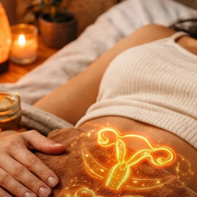 Donna distesa con una rappresentazione luminosa dell’utero sulla zona addominale